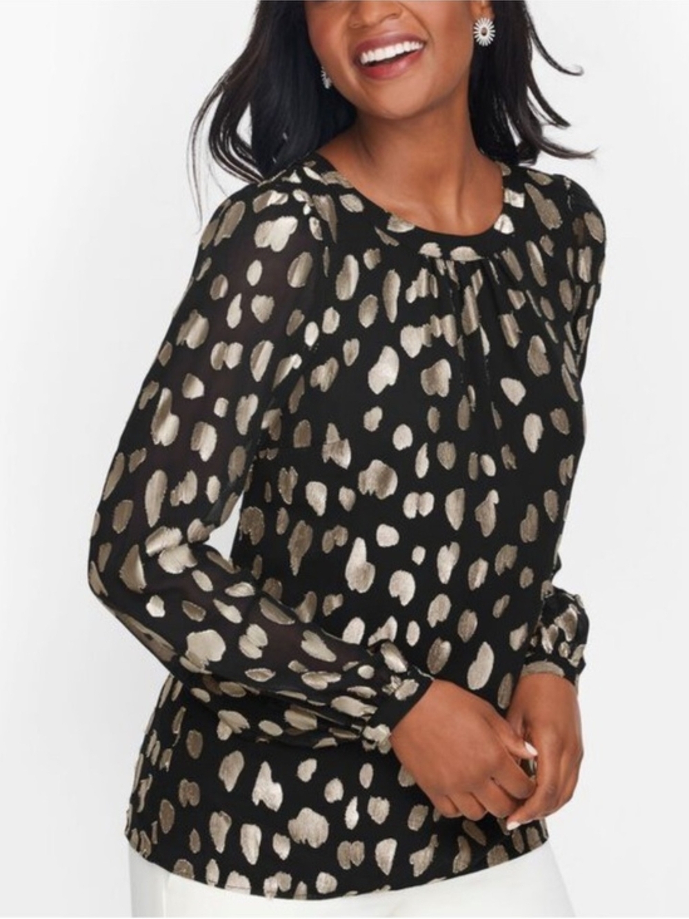 Talbots Clip Dot Tie Back Top Black Sheer Blouse Metallic Gold Spot  Print 2X